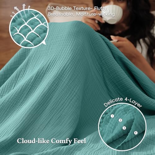 David's Home 100% Natural Cotton Muslin Blanket Queen Size, 4-Layer Soft Breathable Lightweight Comfy Cozy Throw Guaze for Hot Sleepers, 3D Bubble Room Decor for Bed Couch, Giftable, Teal, 90"x90" - Image 3