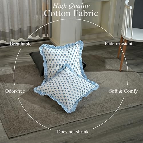 CPC Arctic Blue Hand Block Print 100% Cotton Ruffle Throw Pillow Cover 20x20 inch with Hidden Zipper Decorative for Couch, Bed, Sofa, Farmhouse, Cottagecore Decor Gift Christmas Fall Thanksgiving - Image 3