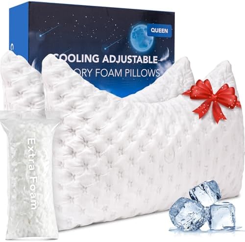 KUCEY Cooling Side Sleeper Pillow for Neck and Shoulder Pain, Luxury Shredded Memory Foam Curved Bed Pillows for Sleeping Set of 2- Adjustable Queen Size- Washable Cover Crescent White by Kucey