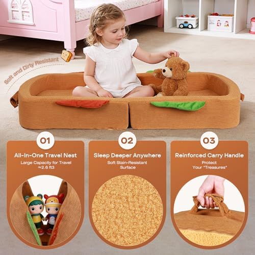 Toddler Travel Bed Sandwich Style - Portable Toddlers Floor Beds, Foldable Soft Foam Travel Crib for Baby and Kid, Washable Cover Toddler Cot with Safety Rail for Travel, Medium Size - Image 2