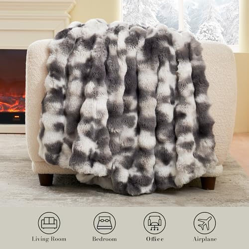 Amélie Home Faux Fur Throw Blanket, Ultra Soft Fuzzy Plush Bubble Blanket for Couch, Bed & Living Room, 60"x80", Tie-dye Grey - Image 2