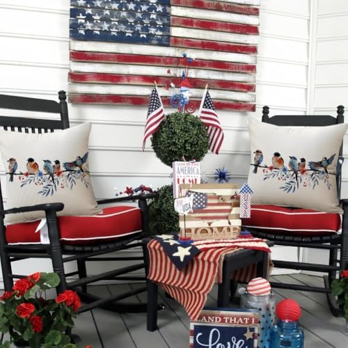 RABUSOFA 4th of July Memorial Day Patriotic Throw Pillow Cover,18x18 Inch Red White and Blue Birds Flowers Independence Day American Fourth of July Decoration for Sofa Couch - Image 5