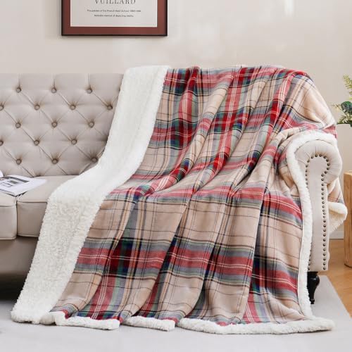 PU MEI Sherpa Fleece Throw Blanket 60" x 80" Reversible Plush Fluffy Large Big Blanket Lattice Flannel Blankets for All Season Use, Chrismas Red by HOME