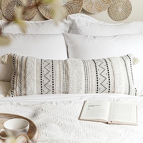 BlissBlush 14x36 Lumbar Pillow Cover for Bed, Rectangular Long Decorative Throw Pillowcase, Boho Accent Cushion with Black Tufted Pattern and Tassels, Cream Neutral (Cover Only) - Image 6
