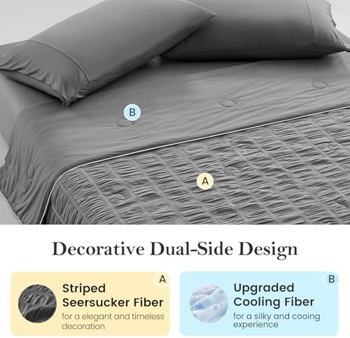 Cozy Bliss Vertical Striped Seersucker Cooling Comforter Twin Size, Lightweight Airflow Silky Cooling Bedding with Q-Max>0.45 for Bedroom, Home Decor, Hot Sleepers & Night Sweats, Grey 68"x90" - Image 3