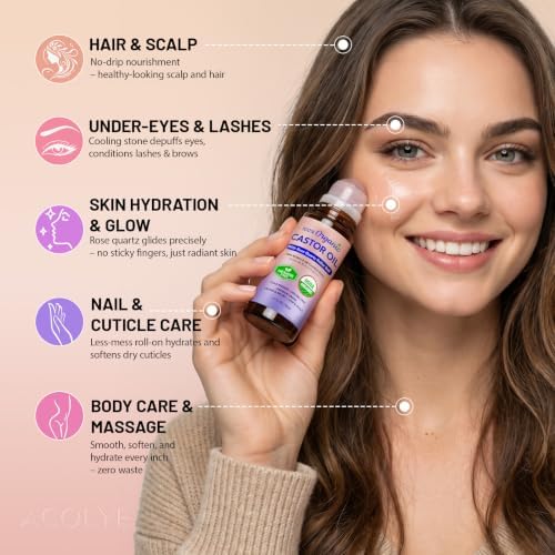 Castor Oil Rose Quartz Roller Ball: 100% Pure Organic Cold Pressed Serum, Natural Crystal Face Roller for Fine Lines, Wrinkles & Puffiness, Thicker Lashes & Brows, Self Care Gift for Women 35+ 1.7oz - Image 5