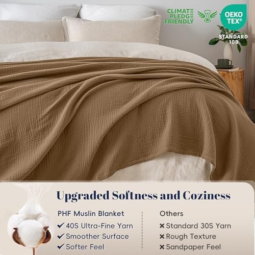 PHF 100% Cotton Muslin Blanket King Size 108"x90", 4-Layer Lightweight Gauze Throw, Breathable Cloud-Soft Minimalist Blanket for Bed, Couch, Camping & Baby, Coco Brown, Ideal Gift - Image 4