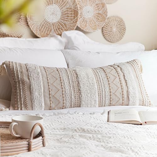 BlissBlush 14x36 Lumbar Pillow Cover for Bed, Rectangular Long Decorative Throw Pillowcase, Boho Accent Cushion with Tufted Pattern and Tassels, Cream Beige Neutral (Cover Only) by BlissBlush