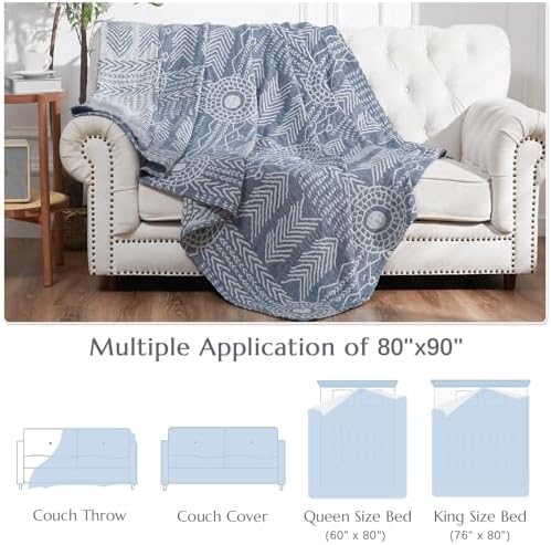 jinchan 100% Cotton Muslin Blanket Queen Boho Bed Blanket 80x90 Blue - Image 6