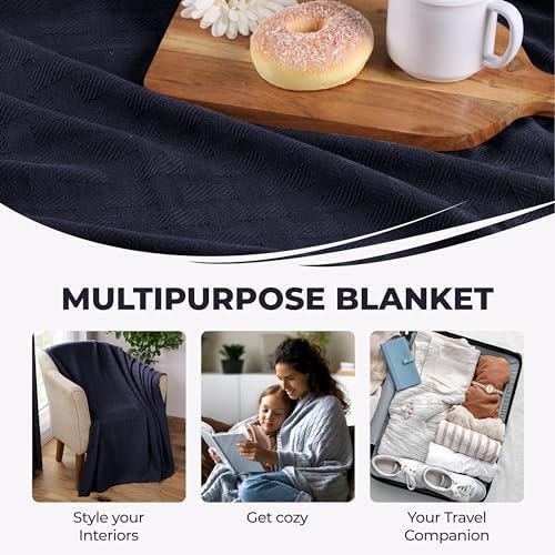 Superior Basketweave Cotton Blanket, Basket Weave Design, Soft, Comfy Cover for Bed, Bedding, Bedroom, Couch Throw, Lounging, Modern Boho Medium Weighted Blankets, King, Navy Blue - Image 5