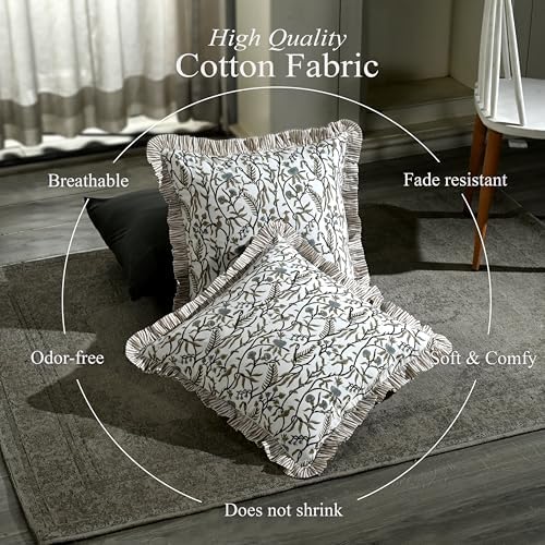 CPC Cocoa Vine Hand Block Print 100% Cotton Ruffle Throw Pillow Cover 20x20 inch with Hidden Zipper Decorative for Couch, Bed, Sofa, Farmhouse, Cottagecore Decor Gift Christmas Fall Thanksgiving - Image 3
