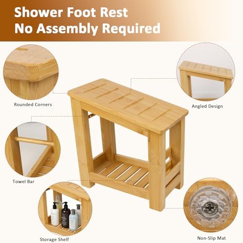Bamboo Shower Foot Rest Stool for Shaving Legs & Pedicure, Non-Slip Bathroom Foot Step with Storage Pocket, Solid & Water-Resistant,Natural - Image 3