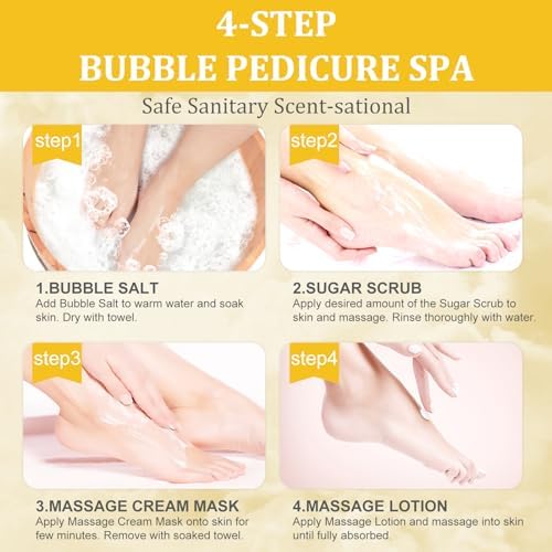 Pedicure Kit Foot Soak Set: Bubble Salt, Sugar Scrub, Massage Mask, Massage Lotion in a Box, 4 Step Foot Spa Kit for Dry Feet,Tired Feet（3 Set Mango) - Image 5