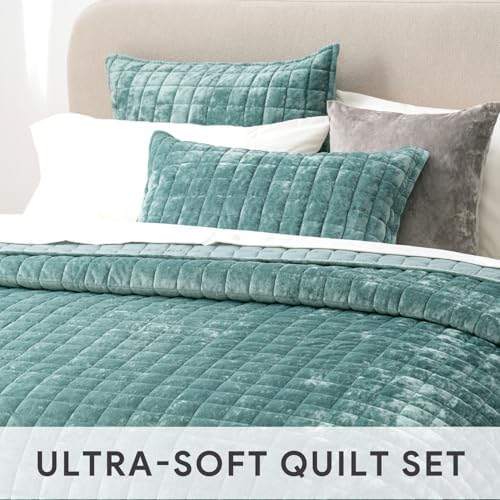 RECYCO Channel Box Stitch Velvet Quilt Set, King Size, Aqua Green - Image 5