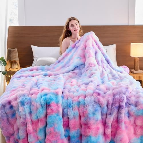Lotus Karen Faux Fur Throw Blanket Tie-Dye Purple Rainbow - Big Bubble Rabbit Fluff Blanket for Couch, Large Fluffy Fuzzy Cozy Blanket,Thick Furry Plush Shaggy Blankets,108x90 Inches - Image 4
