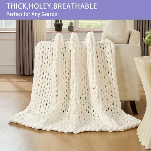 Bigacogo Chunky Knit Throw Blanket for Couch, 60x80 inches, Ivory - Image 4