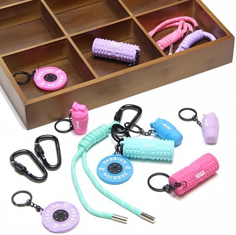 15PCS Fitness Yoga Keychain Set, Gym Accessories with Weight Plate Bottle Large Foam Roller Loops Clips for Keys Bags - Image 3