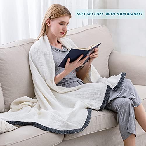 SE SOFTEXLY Muslin Throw Blanket, 4-Layer Dyed Yarn, 60”x80”, White - Image 2