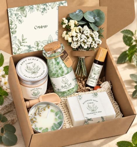 Natural Spa Gift Basket for Women, Mint Eucalyptus by Coralogo
