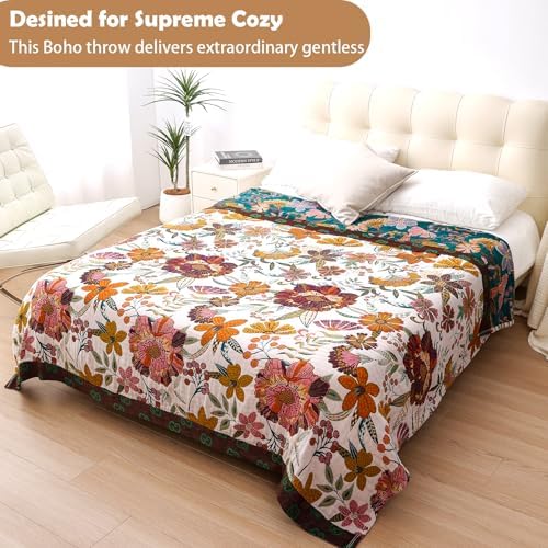 VANJOROY Boho Throw Blanket for Bed, 100% Cotton Muslin Soft Twin Throw-Floral Farmhouse Rustic Decor Blanket for Couch Sofa Quilt and Gift, 60" x 80"-BeigeWhite - Image 3