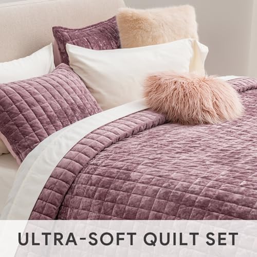 RECYCO Channel Box Stitch Velvet Quilt Set, Queen Size, Dusty Mauve Pink - Image 5