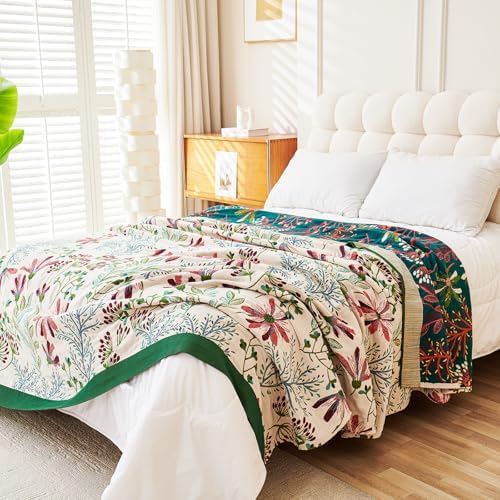 VANJOROY Boho Throw Blanket, 100% Organic Cotton Breathable Ultra Soft 91" x 98" Bed Quilt Throw - All Season Floral Rustic Farmhouse Decor Luxury Reversible Blanket for Sofa Couch Chair and Gift - Image 6