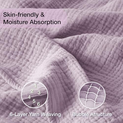 100% Cotton Muslin Blanket King 108" x 90", 6 Layers Breathable and Lightweight Cotton Throw Blanket for Bed, Soft Quilt Bedspread Coverlet, Gauze Blanket for Adults All Season, Lavender - Image 6