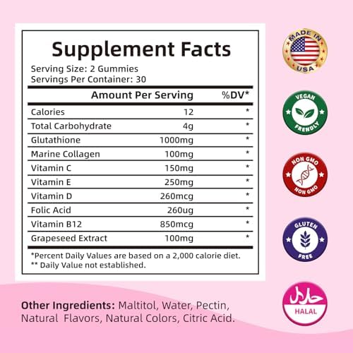 Glutathione Supplement Collagen Gummies: L-Glutamine Contains Marine Collagen Vitamins C, E, D&B12 Glutathione Gummies 1000mg for Anti-Aging Formula and Strengthen Bones - Image 2