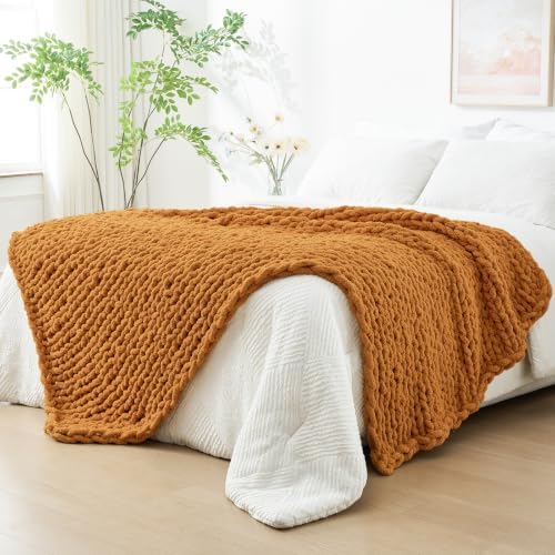 Bigacogo Chunky Knit Throw Blanket for Couch, 51x63 inches, Burnt Orange by Bigacogo