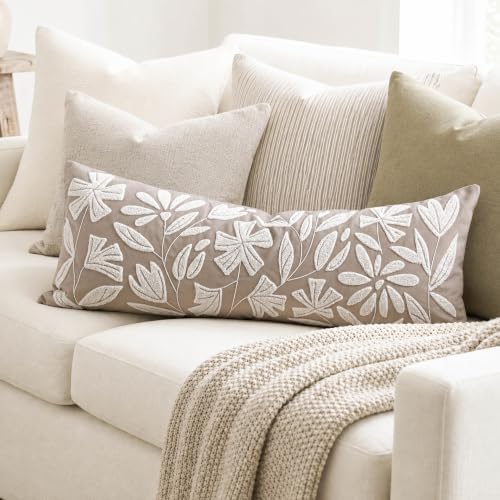 BlissBlush Long Lumbar Pillow Cover 14x36 for Bed, Light Taupe Floral Tufted Velvet Accent Oversize Throw Pillowcase for Bedroom, Cover Only - Image 5