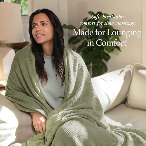 Threadmill Luxury 100% Cotton King Herringbone Blanket, Moss Green - Image 3