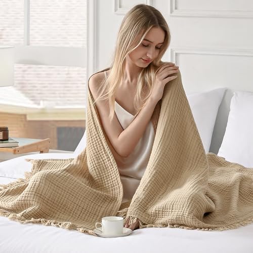 Esterra Muslin Throw Blanket 50x65 Inches Cozy Soft Lightweight Pre-Washed Cotton Blanket, All Season Breathable 4-Layer Gauze Blanket Throw for Sofa Couch Bed, Curds&Whey - Image 4