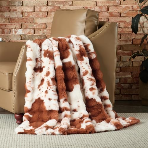 Lotus Karen Faux Fur Throw Blanket Cow Print-Light Brown, Fluffy Fuzzy Plush Bubble Blanket for Couch, 108x90 Inches Cozy Shaggy Rabbit Blanket, Luxury Decorative Gifts for Sofa Bedroom Living Room. - Image 3