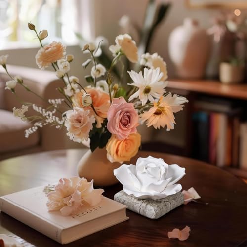 Ceramic Passive Essential Oil Diffuser, Aesthetic Desktop Handmade Flower & Concrete Base, Porcelain Aromatherapy Oils Diffuser for Home, Office, Yoga, Spa Room (White Rose) - Image 2