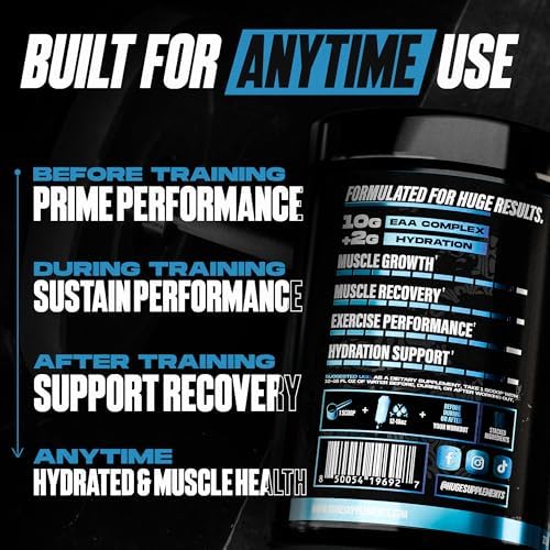 Huge EAA + Hydration, Essential Amino Acids Powder, EAAs & BCAAs, Intra & Post Workout Recovery Powder, Muscle Growth, Recovery & Performance, 10g EAAs & Electrolytes, 30 Servings (Blue Raspberry) - Image 5