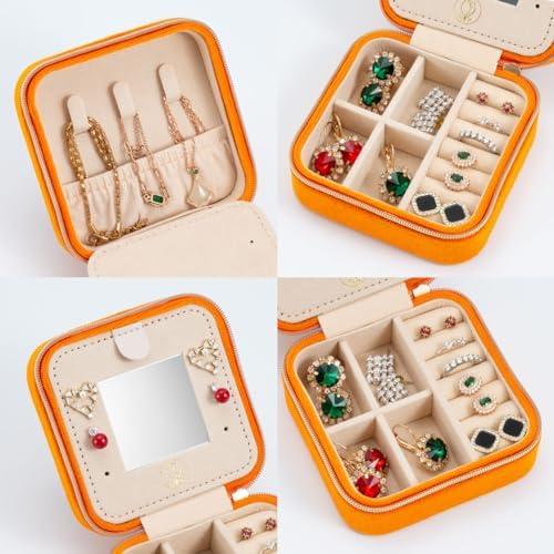 ZPROW Plush Velvet Travel Jewelry Case, Travel Jewelry Organizer, Jewelry Travel Case, Travel Jewelry Box, Small Jewelry Case, Jewelry Travel Box, Earring Organizer with Mirror - Orange - Image 3