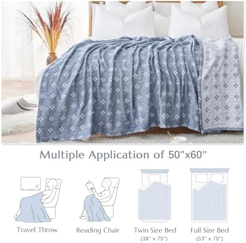 jinchan 100% Cotton Muslin Blanket Twin Boho Throw Blanket 50x60 Denim Blue - Image 5
