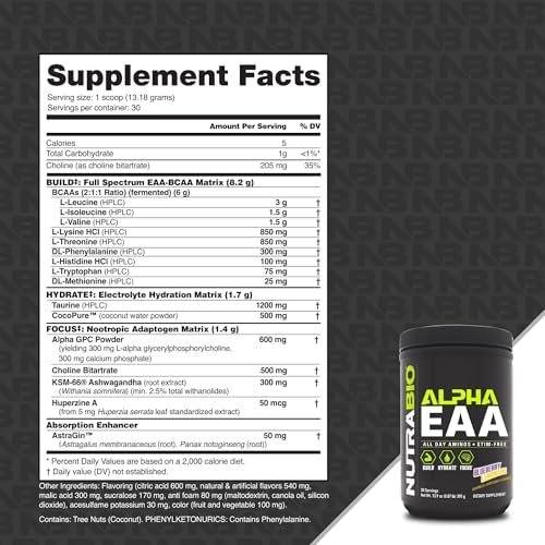 NutraBio Alpha EAA - All-Day Amino Acids for Muscle Growth and Hydration - Essential Amino Acids with Nootropics & Adaptogens- Full Spectrum EAA BCAA Powder - 30 Servings - Blueberry Lemonade - Image 2