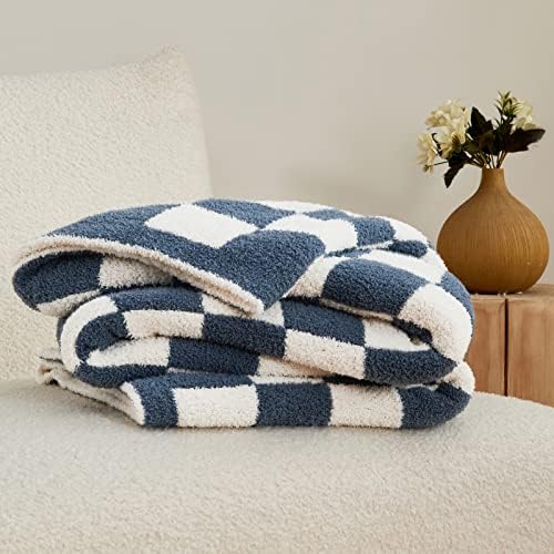 CozeCube Dusty Blue White Reversible Checkered Knit Throw Blanket 50"x60" - Image 6