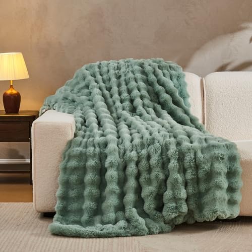 Lotus Karen Faux Fur Throw Blanket Sage Green - Big Bubble Rabbit Fluff Blanket for Couch Bed Sofa,Softest Fluffy Fuzzy Cozy Blanket, Plush Thick Furry Shaggy Warm Blankets for Women,50x60 Inches - Image 3