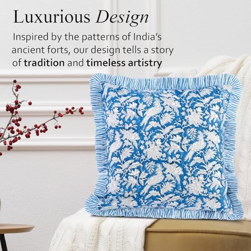 CPC Block Print Ruffle Throw Cover Blue Sapphire 18"x18" Inch Pack of 2-100% Cotton Ruffle Couch Decorative Boho Pillows Case for Living Room, Bedroom, Sofa, Farmhouse Gift for Spring, Mother's Day - Image 7