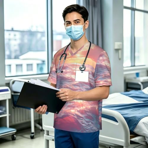Men's Scrub Top,V-Neck Spill Wrinkle Resistant,3 Pockets-Ocean Waves At Sunset - Image 3