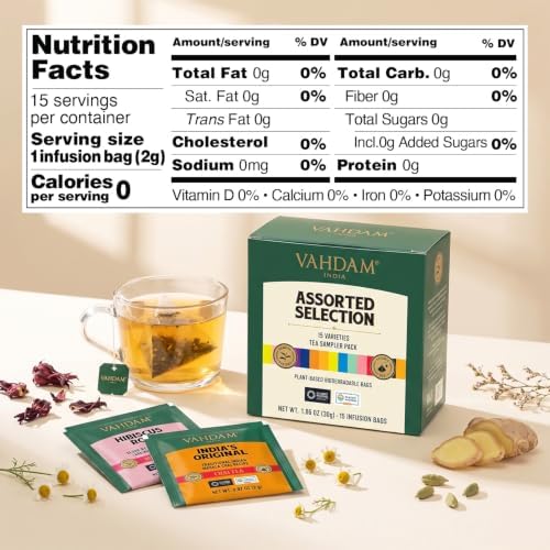 VAHDAM Assorted Tea Sampler (15 Unique Flavors in Pyramid Teabags) Tea Gift - Image 2