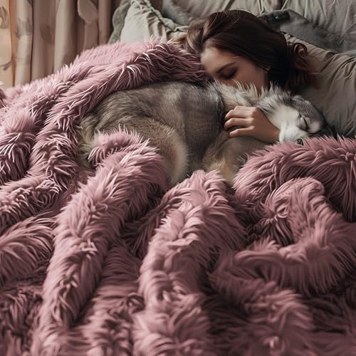 Bedsure Faux Fur Fluffy Sherpa Fleece Queen Bed Blanket Dusty Pink 60"x80" - Image 7