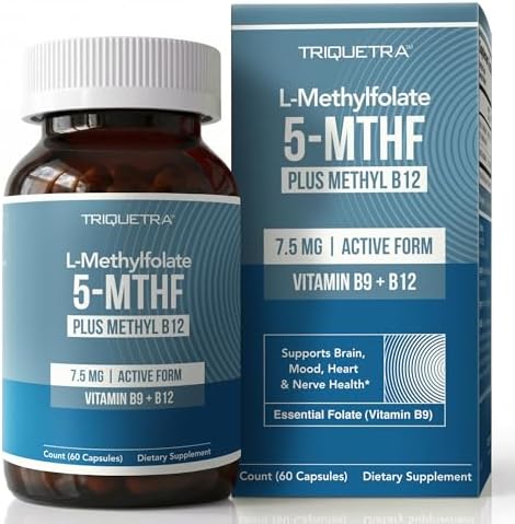 L Methylfolate 7.5mg plus Methyl B12 - Active 5-MTHF Form, MTHFR Supplement - Bloodstream Ready Methylated Folate + B12 Cofactor - Supports Mood, Homocysteine Methylation, Cognition (60 Capsules) by TriquetraHealth