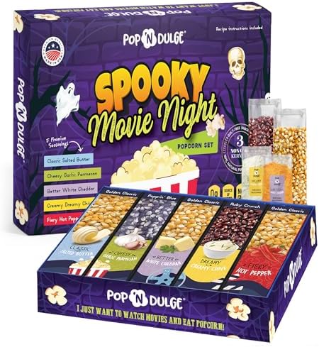 Halloween Gifts Popcorn Spooky Movie Night Gift Basket Gourmet Kernels and Seasoning Variety Pack, 3 Color Kernels and 5 Flavorings, Non-GMO, Kosher, Gluten Free Scary Popcorn Gifts, 10 Pack by PopNDulge