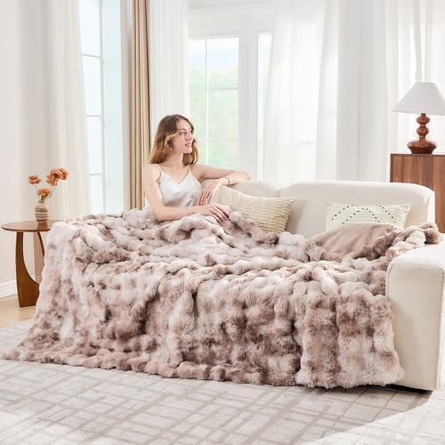Lotus Karen Faux Fur Throw Blanket Tie-Dye Beige - Big Bubble Rabbit Fluff Blanket for Couch, Large Fluffy Fuzzy Cozy Blankets,Thick Furry Plush Shaggy Blankets,108x90 Inches - Image 3