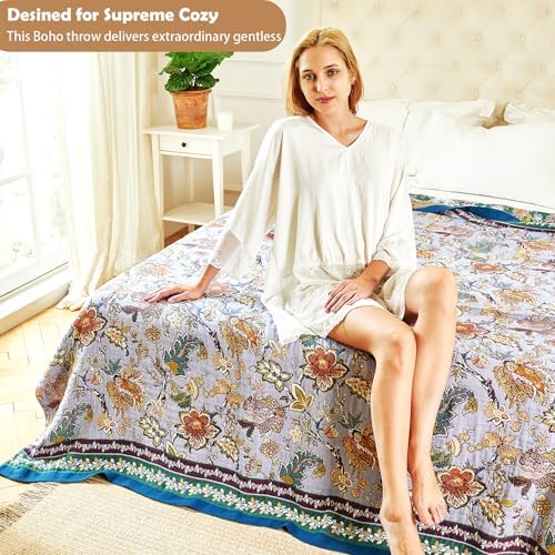 VANJOROY Boho Throw Blanket 60" x 80", 100% Organic Cotton Breathable Ultra Soft Bed Purple Quilt Throw - All Season Luxury Floral Farmhouse Decor Blanket for Sofa Couch Chair and Gift. - Image 3