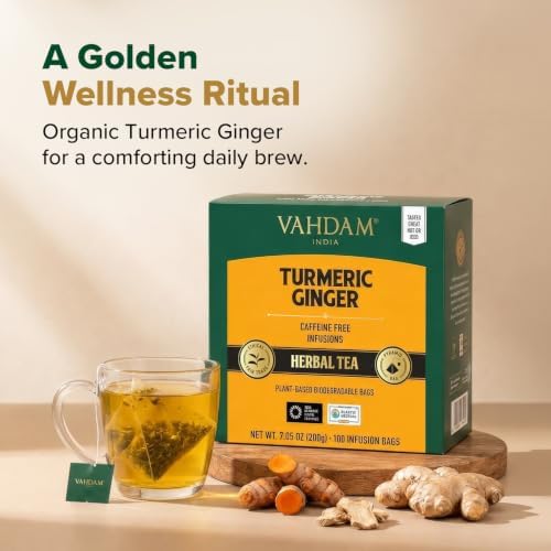 VAHDAM Organic Turmeric Ginger Herbal Tea Bags (100 Pyramid Tea Bags) Caffeine Free, Non GMO | 100% Pure Herbal Blend - Savory & Spicy, Plant-Based Teabags | Resealable Ziplock Pouch - Image 4