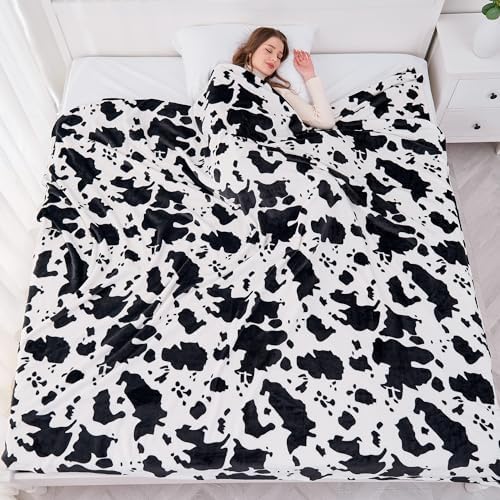 Viviland Fleece Blankets Queen Size Cow Print - 280GSM Lightweight Soft Fuzzy Cozy Plush Queen Blanket for Bed, 90x90 inches by VIVILAND